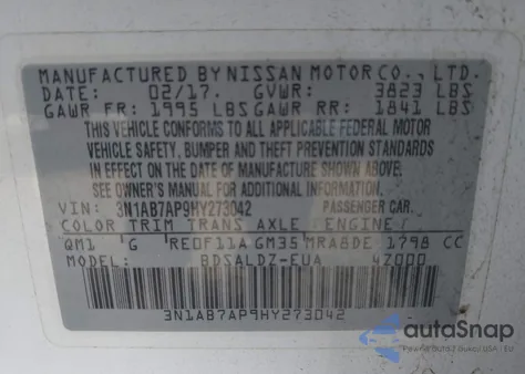 2017 Nissan Sentra Sv z USA, uszkodzony, nr VIN 3N1AB7AP9HY273042